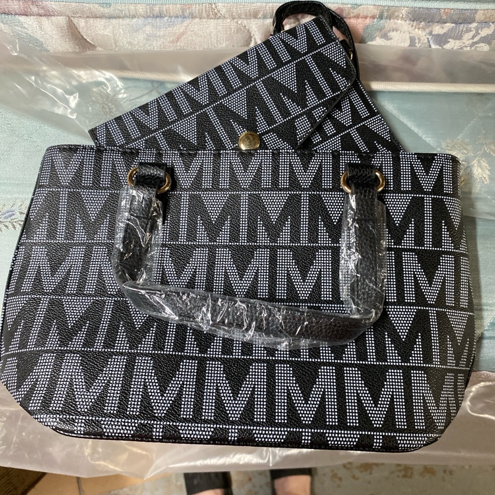 Black and White Monogram Tote with Leather Trim